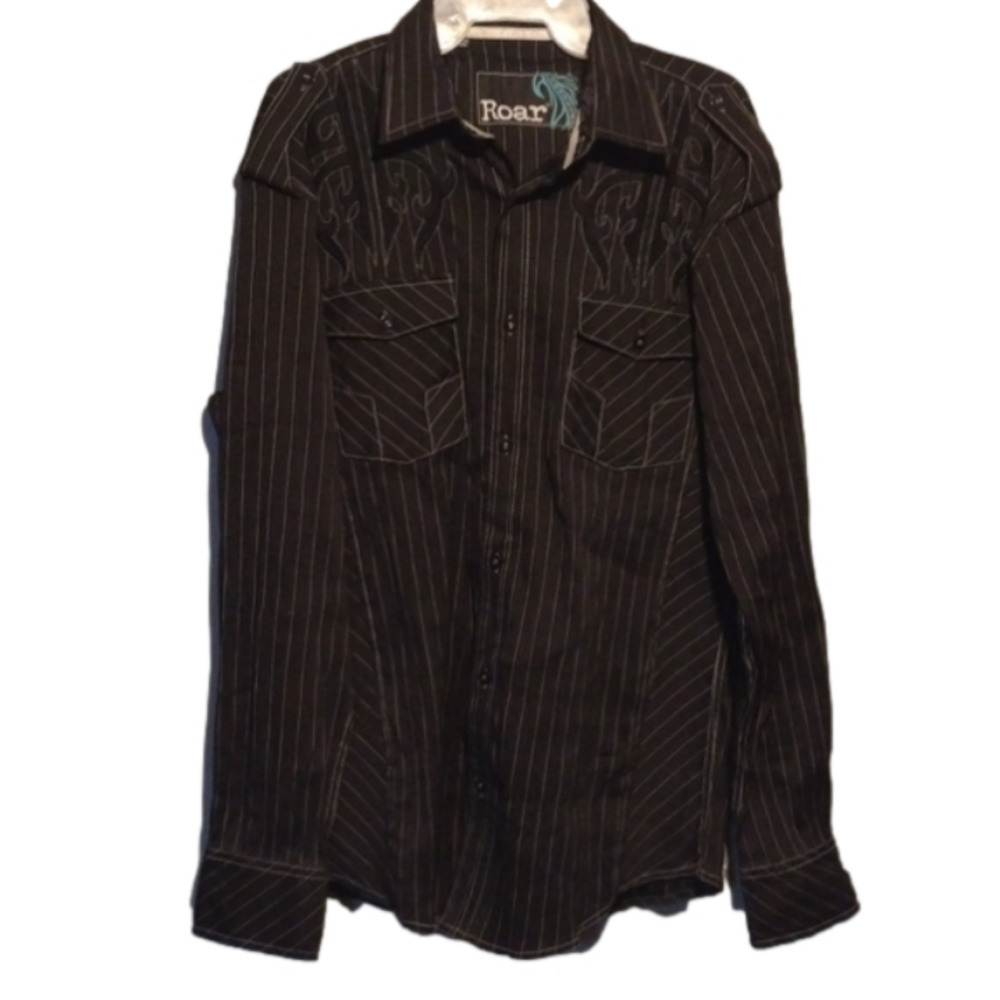 roar men's medium dress shirt size medium black and white white pinstripes - Picture 1 of 11